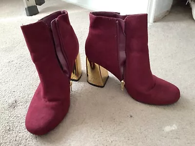 £4.35 • Buy New Look Burgundy Suede Gold Block Heel Ankle Boots Size 5