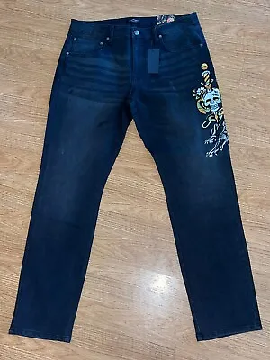 Ed Hardy Mens Black Denim Jeans Size 36 NEW NWT Slim Taper Fit Skull Patch • $70