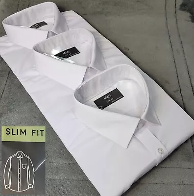 M&S Mens' 3 PACK Long Sleeve SLIM Fit SHIRTS ~ Size 16  ~ WHITE (rrp 45) • £26.99