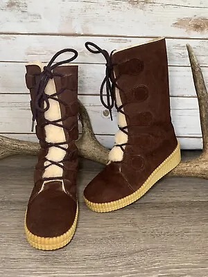 Vintage Brown Suede Shearling Size 8 Lace Up Eskimo Boots USA Made • $49.97