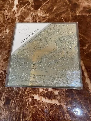 Set Of 4 Golden Square Mirror Glass Glitter Sparkle Crushed Table Coasters • £9.99