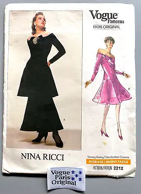 1988 Vogue Paris Original Nina Ricci #2212 Un-cut/complete W/label Sz 6-8-10 • $85