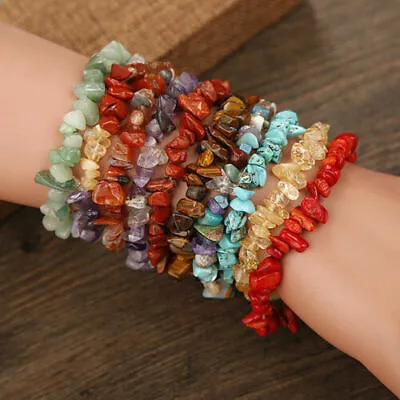 Natural Gemstone Tumbled Crystal Chip Bracelet Chakra Wicca Jewelry • $6.30