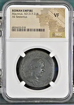 Roman Empire Macrinus AD 217-218 AE Sestertius Holding Two Standards NGC VF • $2500