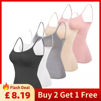 Womens Padded Cami Tank Vest Tops With Built In Bra Strappy Camisole Underwear • £1.99