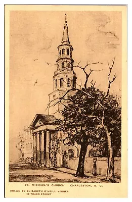 Vintage St. Michael's Church Drawing Charleston SC Postcard • $7.99