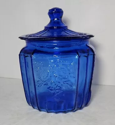 Vintage Biscuit Jar Canister Lid Cobalt Blue Depression Glass Mayfair Open Rose • $26.99