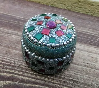 Vintage Jewelry Trinket Box Round Shape Glitter & Glass Micro Mosaics  • $19.99