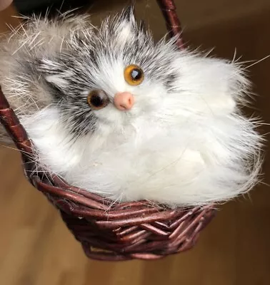 Rabbit Fur Figurine KITTY IN BASKET Real Miniature Vintage Plush TOY • $9.99