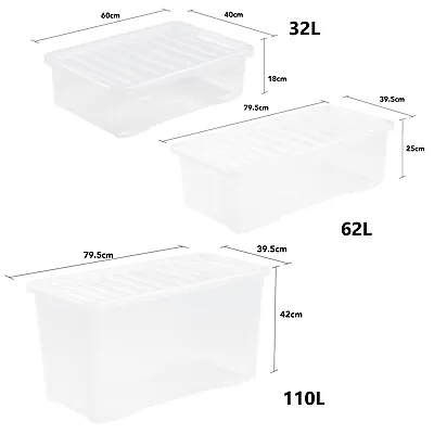 32L/62L/110L Clear Plastic Storage Box With Lid Stackable Containers Home Office • £25.89