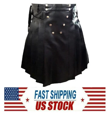 $55.99 • Buy Men Real Black Leather Gladiator Kilt Pleated Utility FLAT FRONT Pocket Wrap