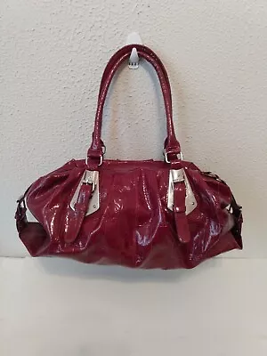 Maroon Silver Tone Women Faux Patent Leather Croc Zip Double Handle Shoulder Bag • $22.99