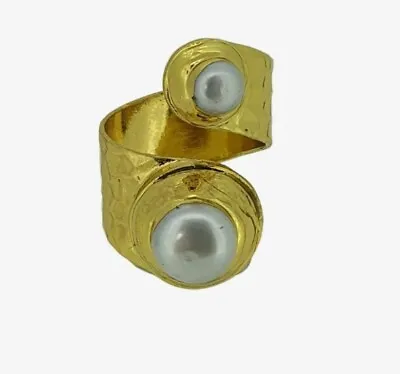 £9.99 • Buy 18k Gold Plated Hammered Double Pearl Ring Adjustable