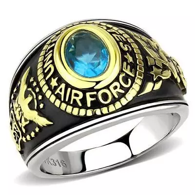 Air Force Ring Stainless Steel Unites States  Blue Topaz 18kt Gold Military 725 • £21.99