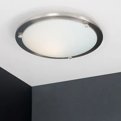 Modern Brushed Chrome Flush Ceiling Light Fitting Glass Shade Lampshade LED Bulb • £16.99