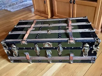 Antique Green Metal Flat Top Steamer Trunk With Wood Strips Brass Leather • $158.40