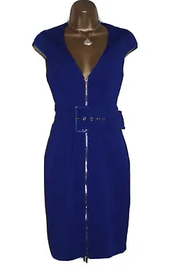 Lipsy Royal Cobalt Blue Zip Front Bodycon Dress 10 Party Occasion Evening Belted • £29.99