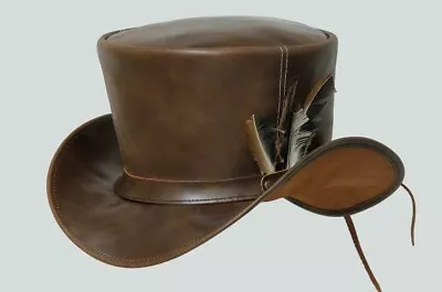 Top Hat Brown Leather Mad Hatter Steampunk Hat Biker Motorcycle Hat Gothic Hat • £59