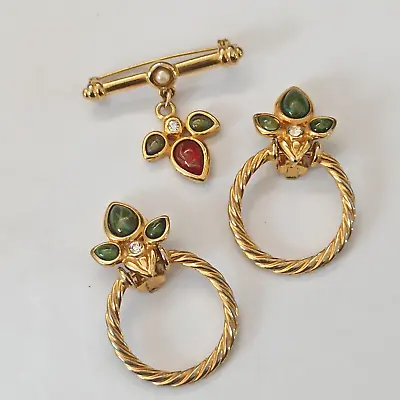 Vintage Set Era Mogul 1980s Door Knocker Rope Clip Earrings Gripoix Bar Brooch • $47.20