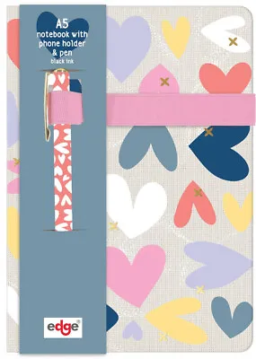 Hearts Design A5 Notebook Hardback Journal Ruled Paper With Phone Holder & Pen • £4.95