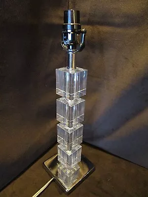 Retro Lucite Table Lamp Stacked 4 Square Blocks Chrome Base 3 Way 17.5” Tall • $128