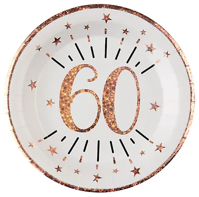 60th Birthday Party Plate Luxury White & Rose Gold Foil Age 60 Paper Plate X 10 • £3.99