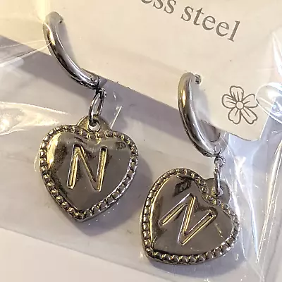 New! Stainless Steel Silver 'N' Letter Hoop Earrings Heart Initial Gift Name • £14.99