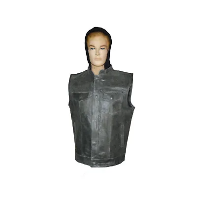 Distressed Gray Motorcycle Club Leather Vest With Hood • $132.34