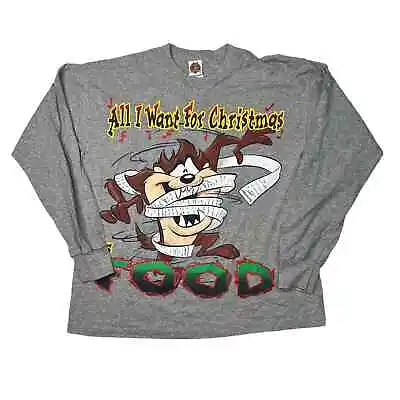 Looney Tunes VTG 90s Taz Christmas Holiday Long Sleeve Tee T-Shirt Gray M Medium • $31.99