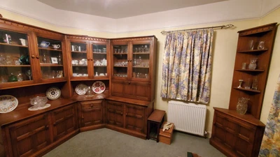 £1000 • Buy Ercol Mural Golden Dawn Dresser  Cupboards Glass Wall Display Drinks Corner Unit