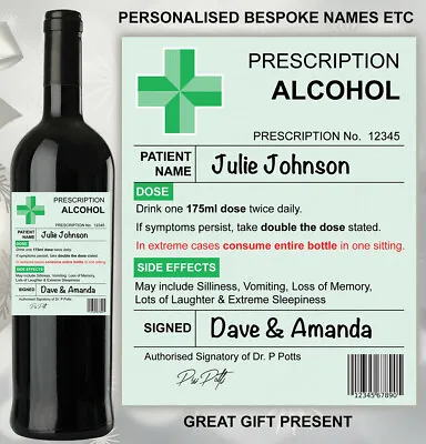 £3.99 • Buy Personalised Text Prescription Wine Alcohol Bottle Adhesive Label Sticker Joke
