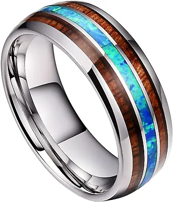 8mm Tungsten With Koa Wood & Opal Inlay Setting Ring • $29.99