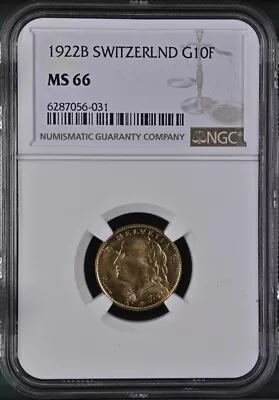 Switzerland  Gold 10 Francs 1922 B - Ngc Ms 66   Rare • $349.99