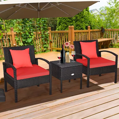 Patiojoy 3PCS Patio Rattan Furniture Set Storage Table Cushioned Red Sofa Deck • $129.99