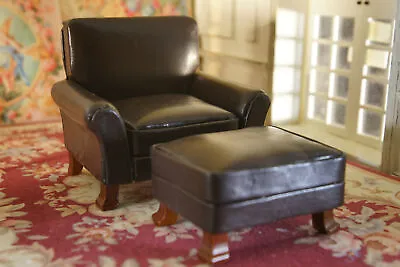 1:12 Miniature Arm Leather Sofa Chair With Ottoman Dark Brown Coffee • $29.99