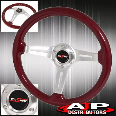Godsnow Horn Button + Red Wood Chrome Aluminum Center Deep Dish Steering Wheel • $64.99