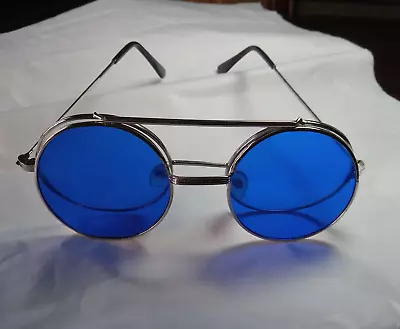 Rare ROC Vintage Round Aviator  FLIP UP  Sunglasses Blue Over Clear Glass TAIWAN • $1.99