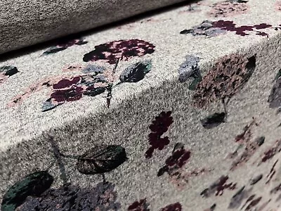 Super Soft Knitwear Jersey Fabric Per Metre - Flower Print - Grey Marl & Damson • £7.99