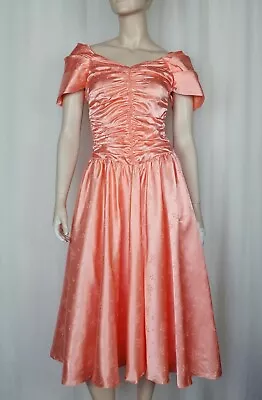 Vtg 80s Peach Satin Floral Ruched Party Dress XS • $47.36