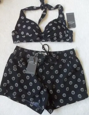 Fat Face Black Trinidad Geo Non-wired Padded Halterneck Shorts Bikini  6 8 10  • £37.50