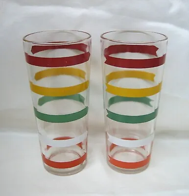 2 Vintage Anchor Hocking Fiesta Striped Ring Iced Tea Glass Tumblers 6.5” Tall • $21.42
