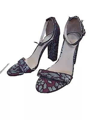 NWOT Merona Lulu Burgundy & Silver Floral Brocade Block Heel Sandal Shoes 9.5 • $20