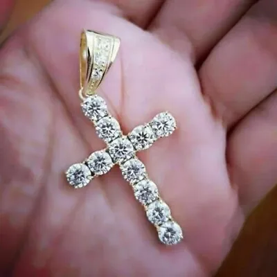 $99.99 • Buy 14k Yellow Gold Plated 3Ct Round Cut Lab Created Diamond Cross Pendant