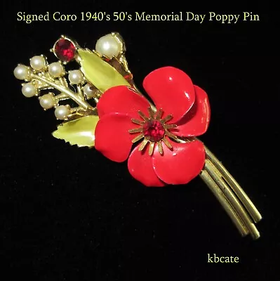 VTG SIGNED CORO 40s50s RED ENAMEL POPPY FLOWER PIN BROOCH PATRIOTIC MEMORIAL DAY • $29.99