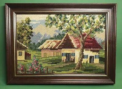 Needlepoint Picture Landscape Cottage Finished Professionally Framed Madeira PT • $28