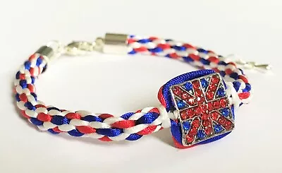 Union Jack Flag Diamante Charm On Kumihimo Bracelet  • £2.85