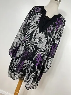 Maggie Barnes 3X Shirt Top Black Purple V Neck Sheer 3/4 Sleeve Beaded Woman D1 • $20.40