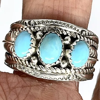 Turquoise Mens Band Ring Sz 13 Navajo 15mm Three Stone Leaf Rope Signed Begay • $94.94