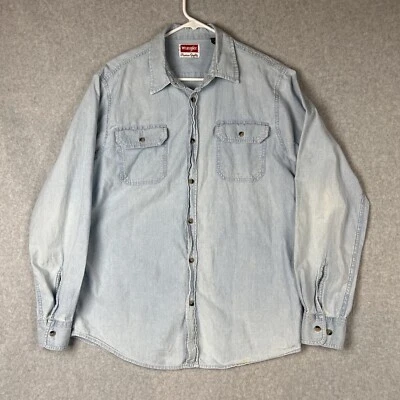$15.40 • Buy Vintage Wrangler Blue Chambray Button Down Work Shirt Medium DISTRESSED
