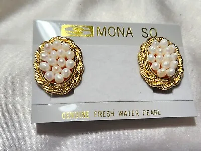Vtg. Fw Natural Pearl & Goldtone Clip Earrings By Mona • $9.99